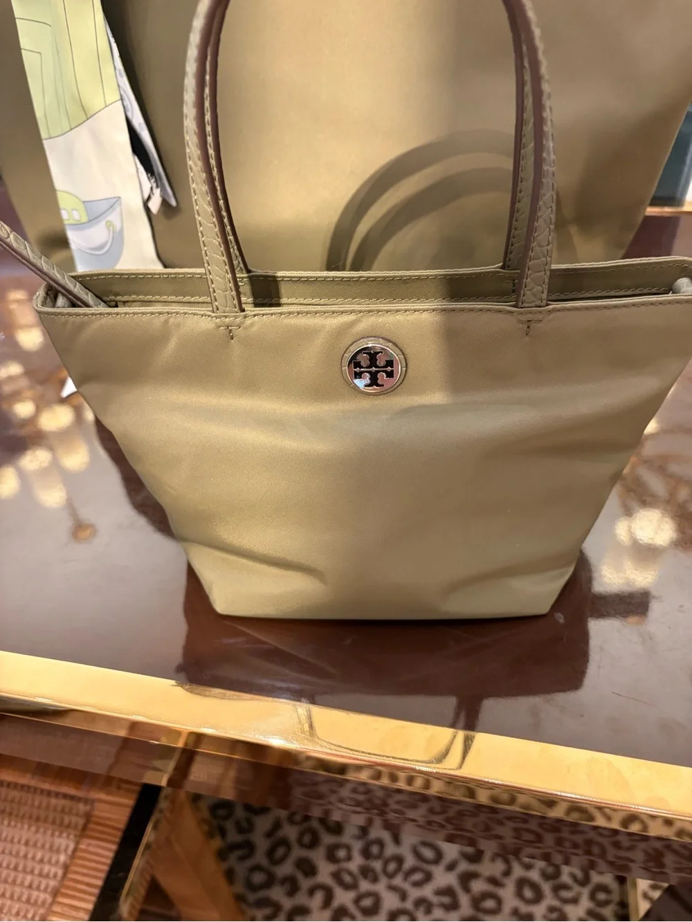 Tory Burch nylon printed mini tote with shoulder strap pattern color green new